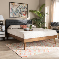 Baxton Studio SW8168-Dark Grey/Walnut-M17-Full Devan Mid-Century Modern Dark Grey Fabric Upholstered Walnut Brown Finished Wood Full Size Platform Bed